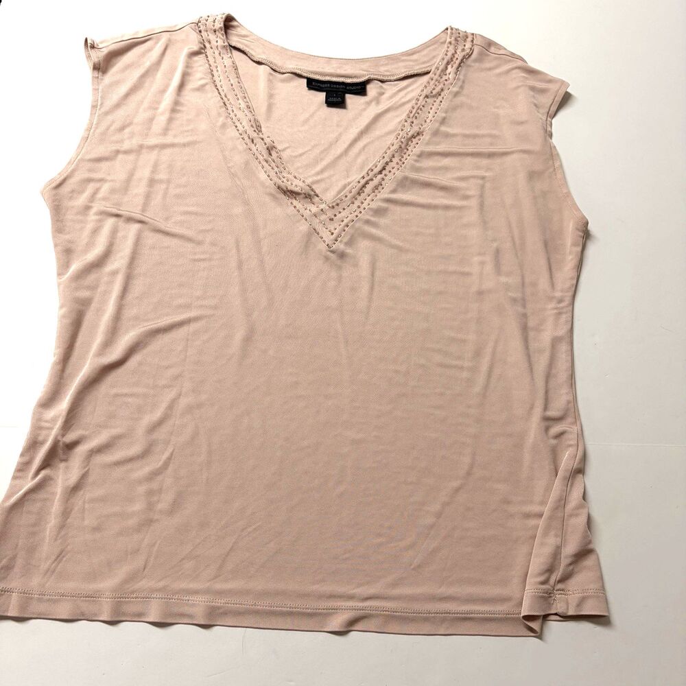 Express Design Studio Beige Stretch Top V-Neck Women's Size L Beading